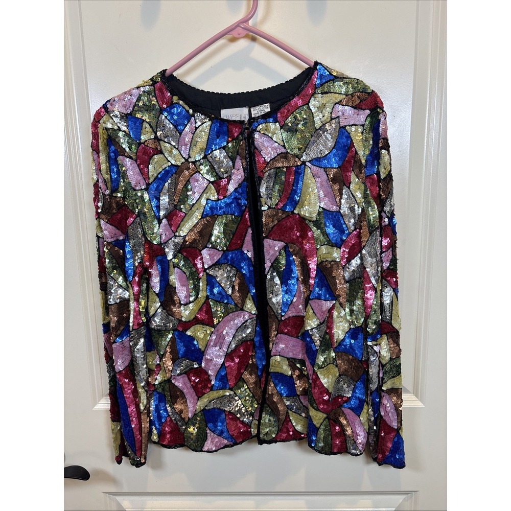 Vintage Sweelo Heavily Sequined Jacket 100% Silk Women's Medium Disco Party READ